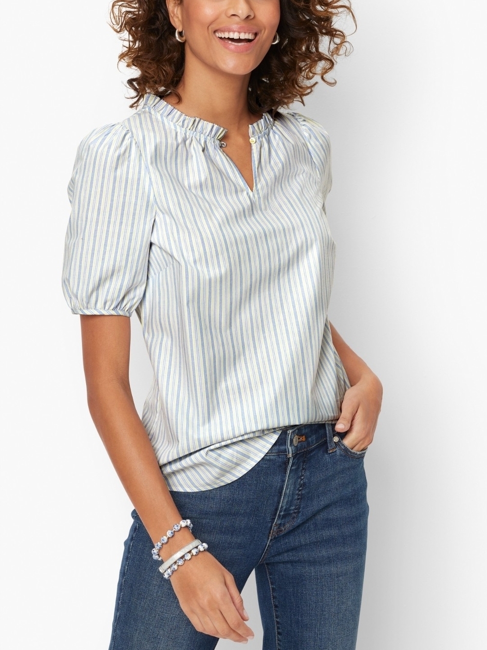 Talbots Striped Split-Neck Puff-Sleeve Blouse in Light Blue and White NWT